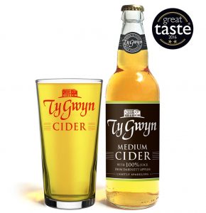 Bottle and pint of Ty Gwyn Medium cider
