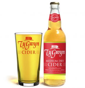 Bottle and pint of Ty Gwyn Medium Dry cider