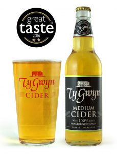 Bottle and pint of Ty Gwyn Medium Cider