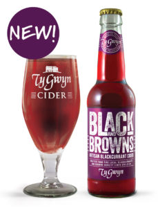 Bottle and glass of Ty Gwyn Black and Browns blackcurrant cider