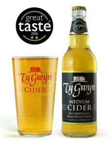 Bottle and pint of Ty Gwyn Medium Cider