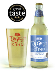 Bottle and pint of Ty Gwyn Medium Sweet Cider