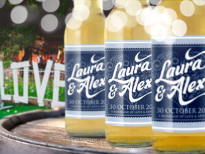 Personalised bottles of cider for our wedding