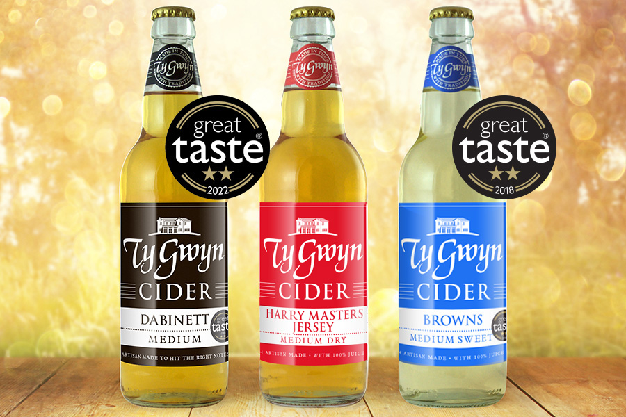 Bottles of Ty Gwyn Cider with Great Taste Awards